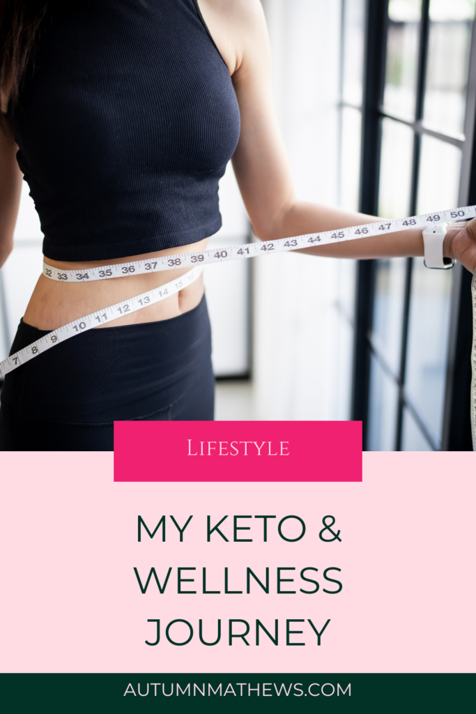 Aesthetic flat lay featuring Keto-friendly foods like cheese sticks, protein shakes, and a baked Keto dessert, alongside a laptop and notebook. The text overlay reads: "Self-Love Through Health: My Keto & Wellness Journey." The background is soft pink with a touch of modern, feminine branding.